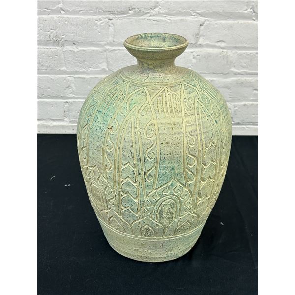 14" Etched Ornate Vase *chip* Light Beige / Green / Blue