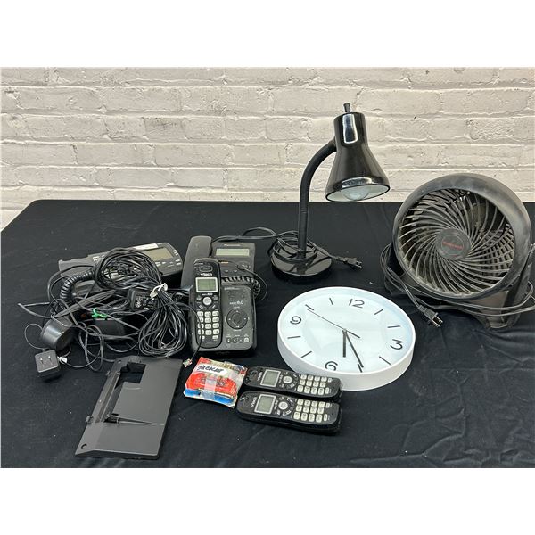Lot of Desk Lamp, Fan, Wall Clock, Phones, Office Items