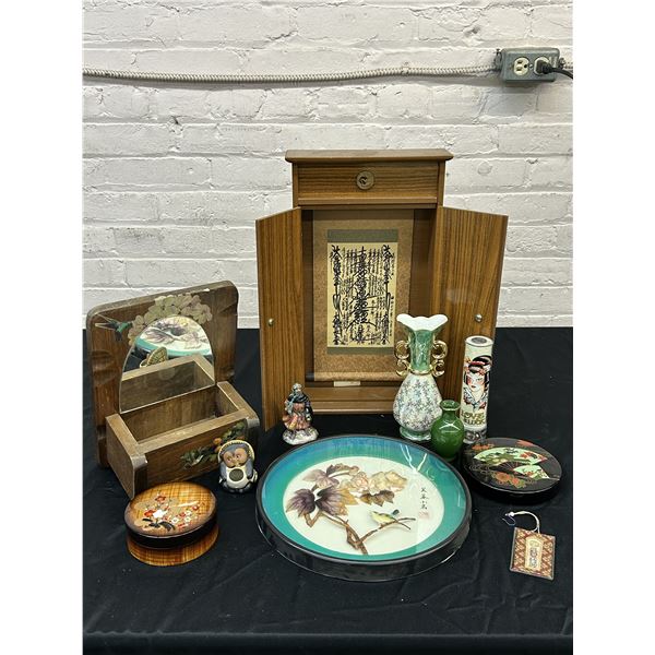 Assorted East Asian Collectibles, Vases, Shrine, Containers, Shell Wall Art, etc