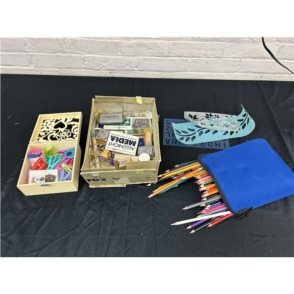 Arts and Crafts Items Stamps, Pencil Crayons, Clips, Stencils, Etc