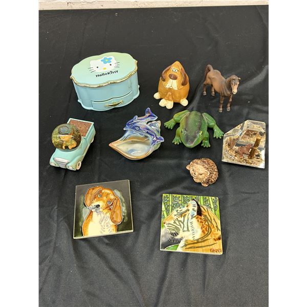 Lot of Assorted Trinkets, Peanuts Snow Globe, dolphin, Schleigh Horse, Hello Kitty Jewelry Box