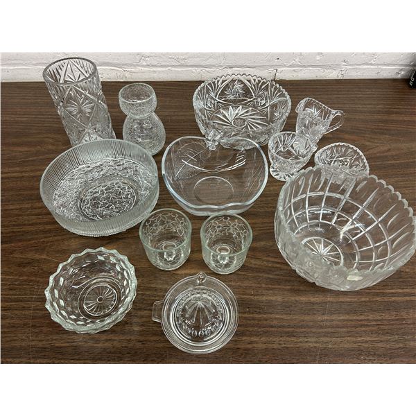Lot of Assorted Crystal and Glassware Serving Bowls, Juicer, Cups, etc. 13pcs