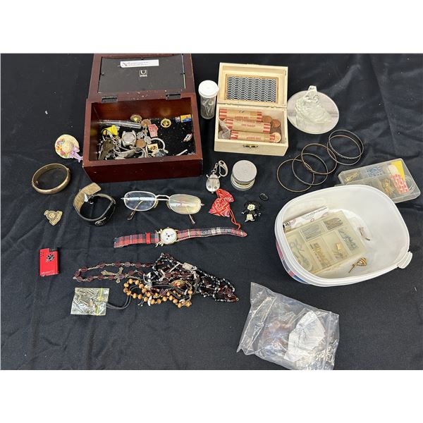 Junk Drawer Lot Glasses, Pins, Coins, Costume Jewelry, Etc