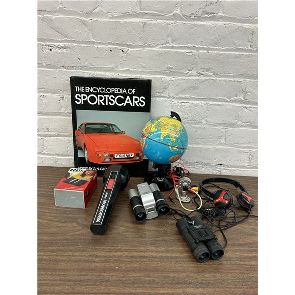 Binoculars, Globe, Flashlight, Headphones, Sportscar Book, etc