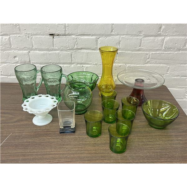 Lot of Colored Glass Cups, Servers, Coca Cola Glasses