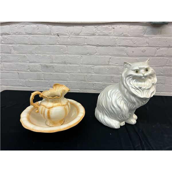 Ceramic Cat Figurine *chipped ear*  14" tall and Wash Basin w Pitcher