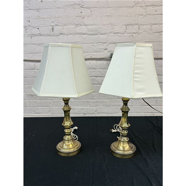 Pair of Gold Tone Table Lamps, Vintage 2ft with White Shades