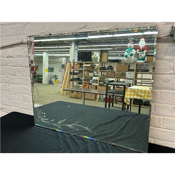 Vintage Beveled Edge Horizontal Wall Mirror with Floral Trim, Frameless. 30" x 24"