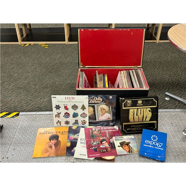 Record Bench FULL of LPS, 45+ Records Elvis, Patsy Cline, Christmas, Etc