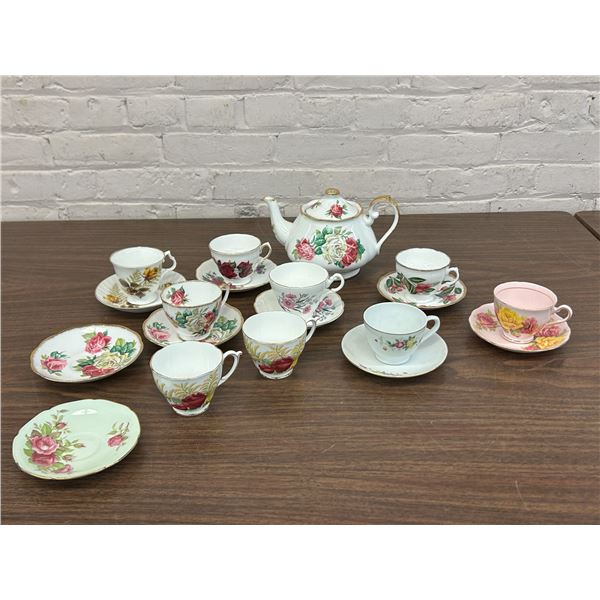 Lot of Fine Bone China 7 Cups and Saucers, 2 extra cups, 2 extra saucers, Tea Pot *lip damage*