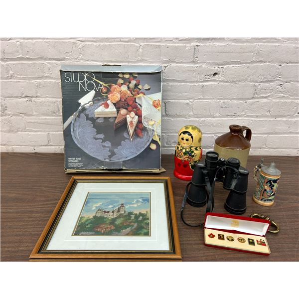 END OF THE RUN Binoculars, Serving Platter, Framed Art, Russian Doll, etc