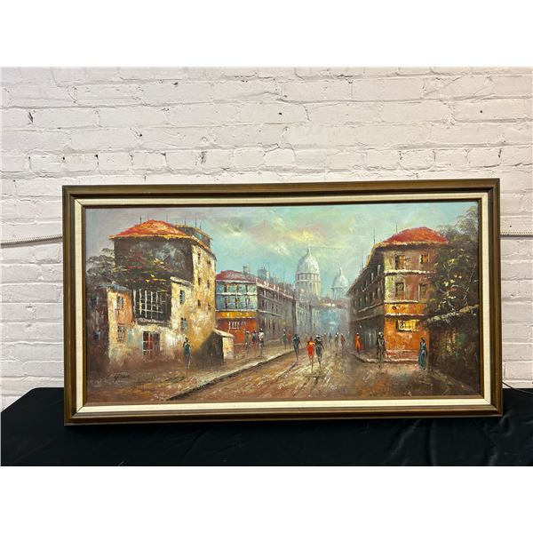 Artist Signed Original Framed Painting  53" x 29" European Scene