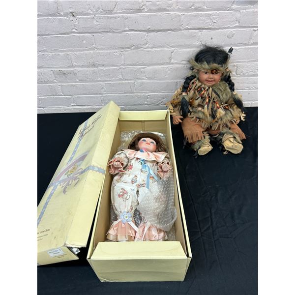 Porcelain Baby Doll Indigenous Outfit Cathay Collection and Goebel Clown Jester Porcelain Doll