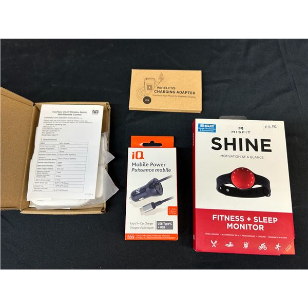 Lot of 4 SHINE Fitness Sleep Monitor, Mobile Power Car Charger, Charging Adaptor, Door Window Alarm