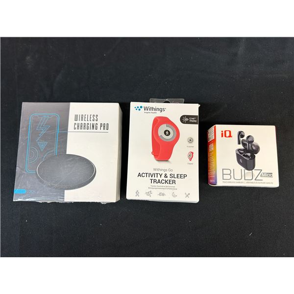 Lot of 3 Activity & Sleep Tracker, Ear Buds, Wireless Charging Pad NEW