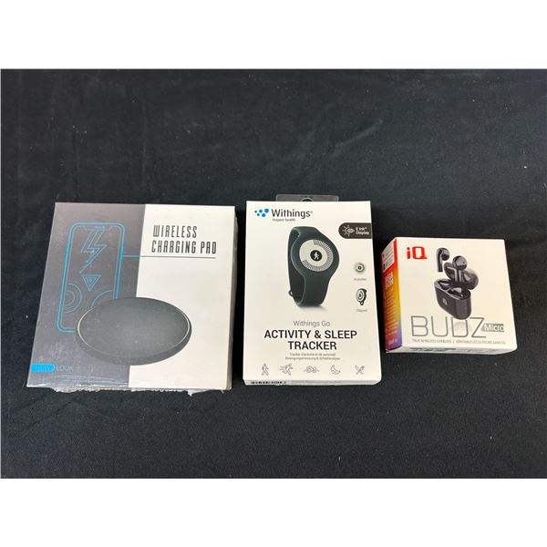 Lot of 3 Activity & Sleep Tracker, Ear Buds, Wireless Charging Pad NEW