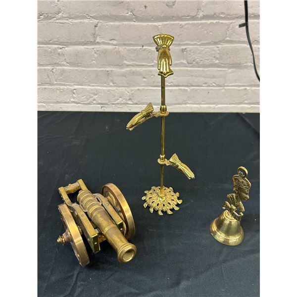 Lot of 3 Brass Items Cannon Hand Note Holder and Bell