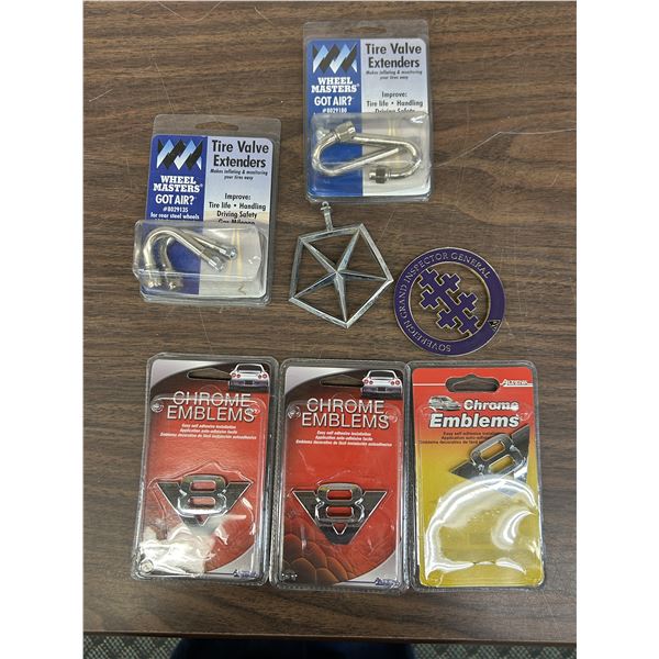 Lot of 7pcs Tire Valve Extenders, Chrome Emblems, Etc