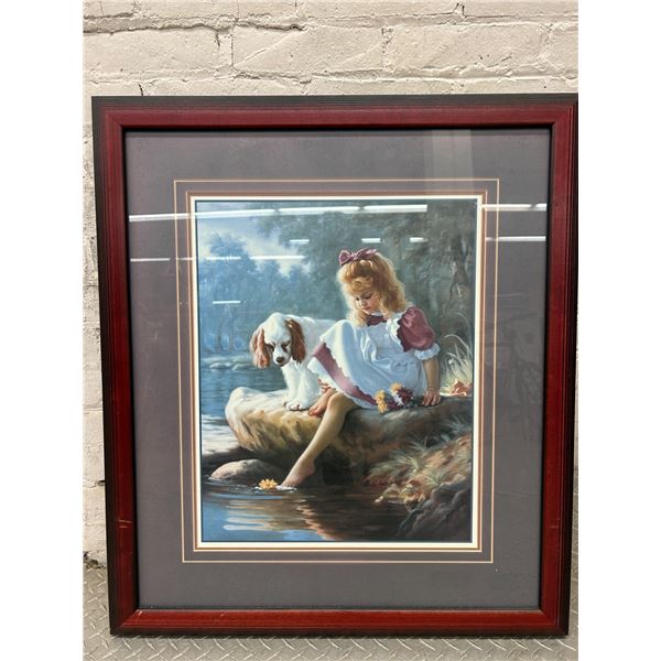 Framed Art Print 28" x 32" Girl with Dog by the Water