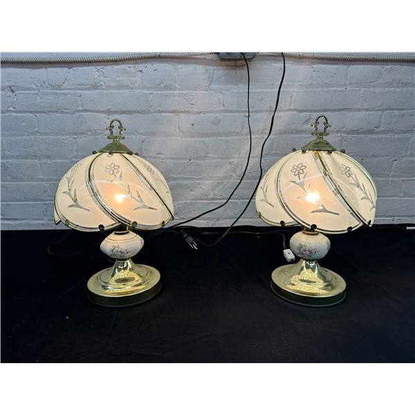 Pair of Brass and Glass Nightstand Table Lamps (1 touch, 1 switch)