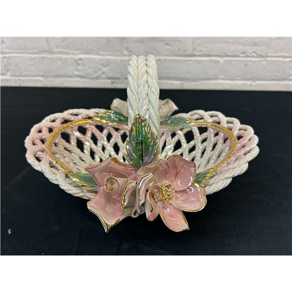 Vintage Capodimonte Italian Fine Porcelain Lace Lattic Basket with Pink Flowers