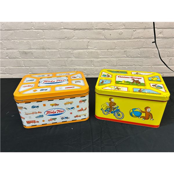 Lot of 2 Vintage Tin Containers Curious George and Tonka Toys 9" x 13" x 7"