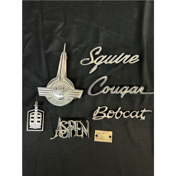 Lot of 7 Autobody Automotive Emblems Logos Morris, Squire, Bobcat, Aspen, Cougar