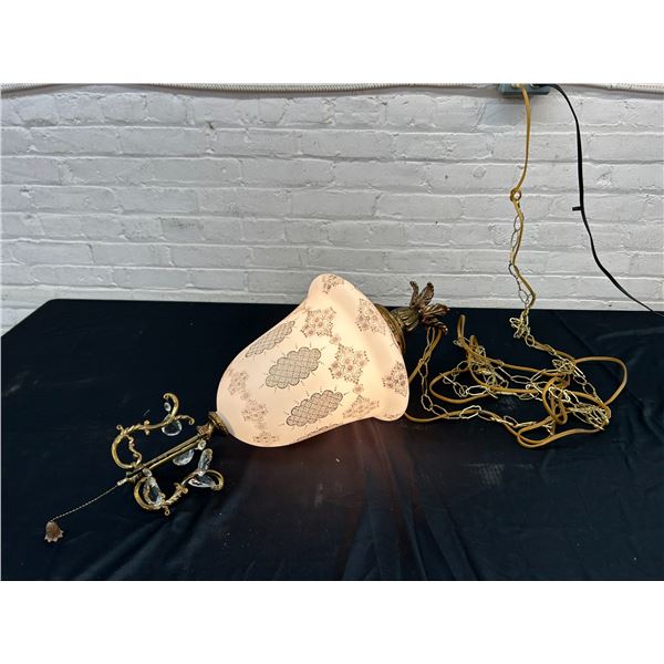 Vintage Swag Chain Lamp Hollywood Regency Milk Glass Gold Detail Ornate *works