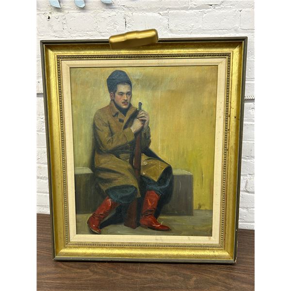 Vintage Antique Original Oil Painting of Man USSR Russian with Gun & Boots with Gallery Light