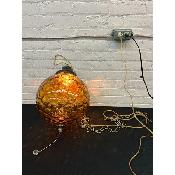 Vintage MCM Amber Glass Bubble Coin Dot Round Swag Chain Lamp *works