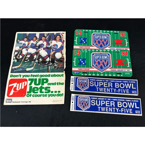 7 Up Winnipeg Jets Poster circa 1980s and Super Bowl 1991, Twenty Five License Plate and Signs
