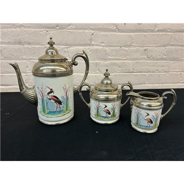 Vintage Antique Enamelware Pewter Tea Set Egret Heron Design unmarked