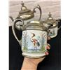 Image 4 : Vintage Antique Enamelware Pewter Tea Set Egret Heron Design unmarked