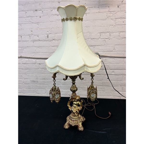 Gold Tone Ornate Vintage MCM Hollywood Regency Table Lamp Cherub 38" tall