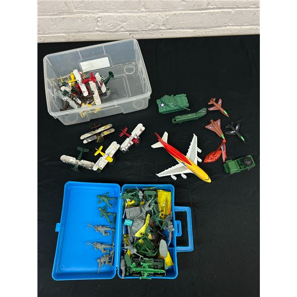 Vintage School Lunch Box Full of Small Soldiers Army Men Toys, Small Airplane Toys, etc