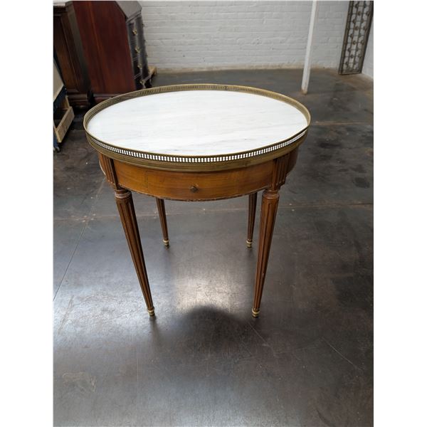 VINTAGE MARBLE TOP FRENCH BOUILLOTTE TABLE WITH BRASS GALLERY