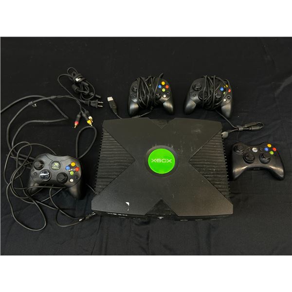 Xbox Original Video Game Console with 4 Controllers, (1 is xb360) and Power/Video
