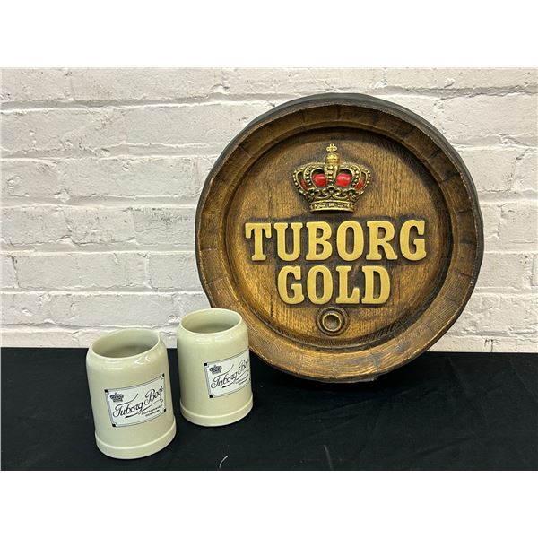 Tuborg Gold Bar Sign Wall Sign Keg Lid and 2 Made in Germany Ceramic Beer Mugs