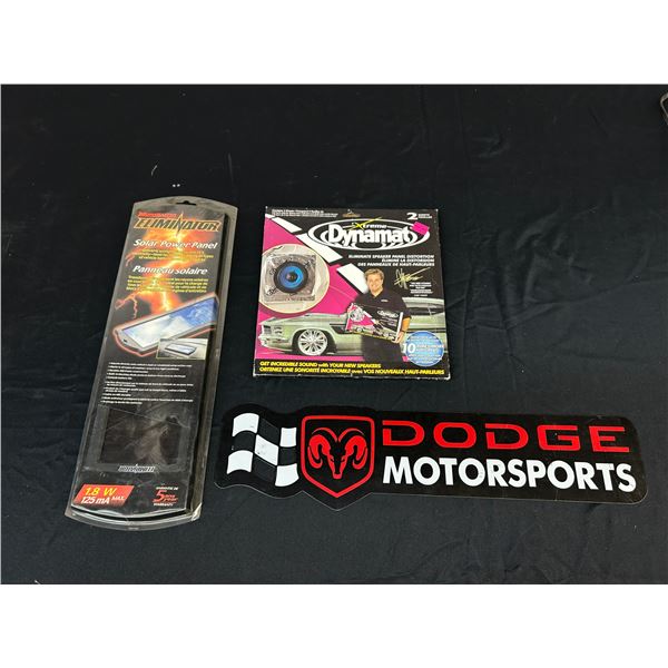 Lot of 3 Car Related Dodge Motorsports Sign, Motomaster Solar Power Panel, Dynamat Speaker Sheets