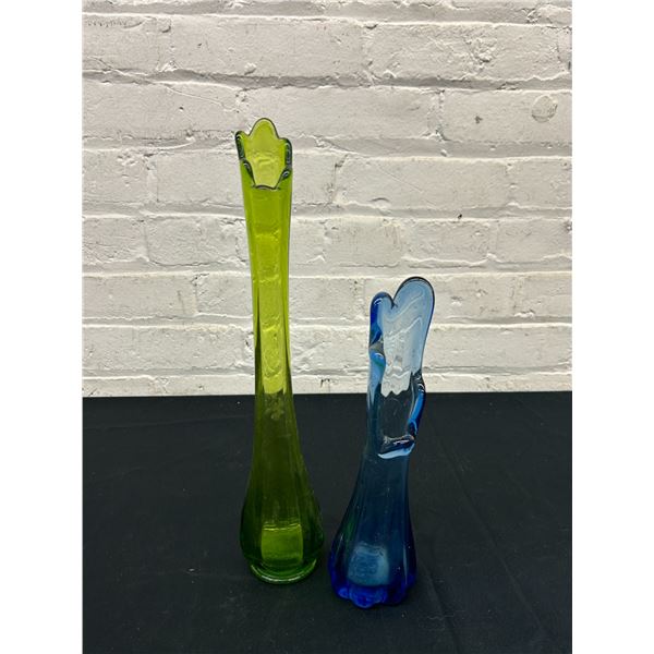 Pair of Vintage Art Glass Vases Green and Blue