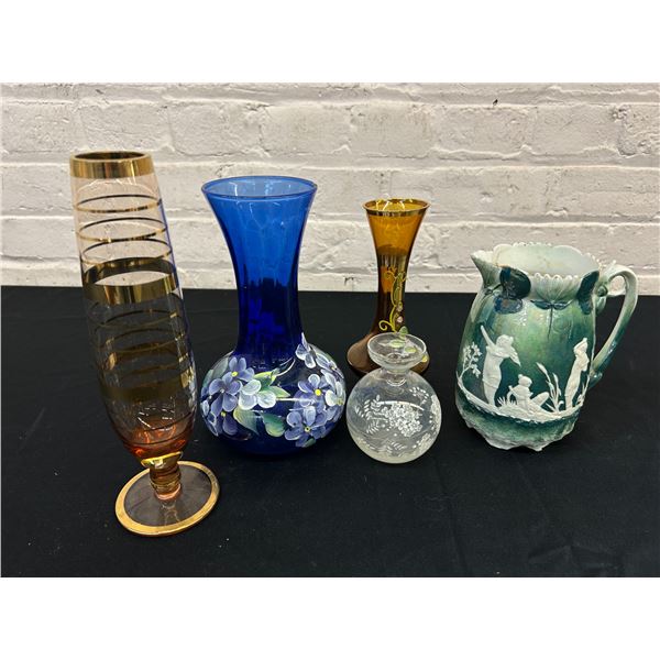 Lot of 5 Mostly Glass Decorative Vases, 1 Ceramic Pitcher