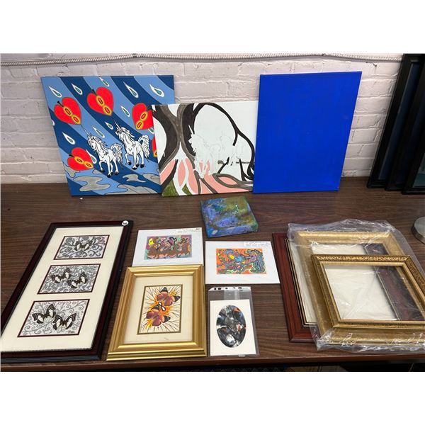 Table of Assorted, Unfinished Artworks, Matted Art, Frames, Misc Artwork