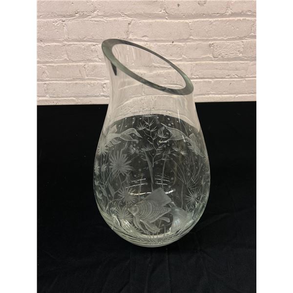 Artist Signed Glass Etched Vase 15"