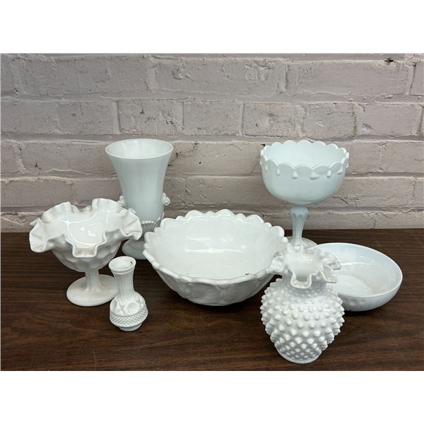Lot of 7 Vintage Milk Glass Vases, Bowl, Etc