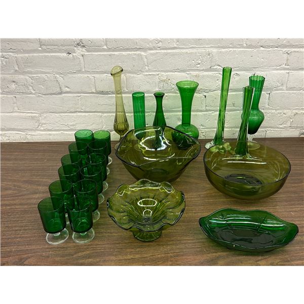 Lot of 23pcs Vintage Green Glass Art Glass Cups, Serving Bowls, Dishes, Vases