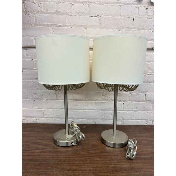 Pair of Table Lamps White Fabric Shade, Chain Detail 22" Modern