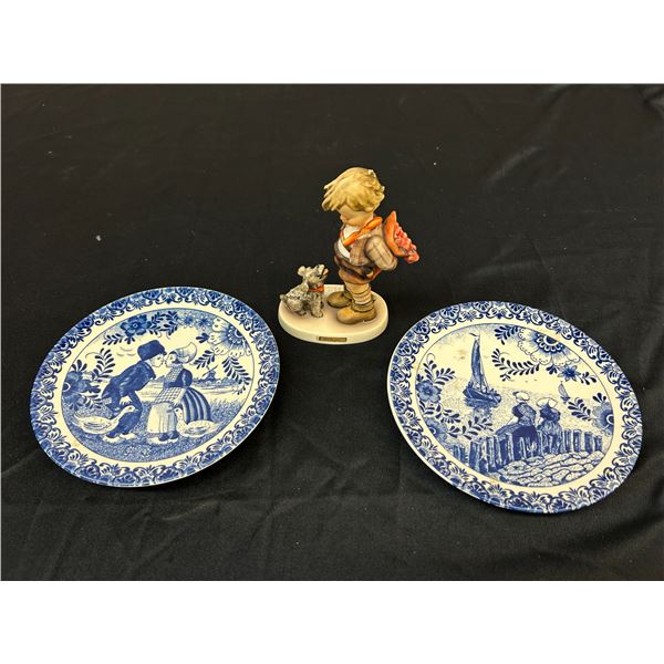 3pcs Goebel Hummel Figurine and 2 Delfts Blue Holland Plates