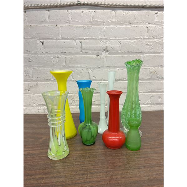 Lot of Art Glass Primary Colour Vases, Green Glass, Vintage MCM, Etc