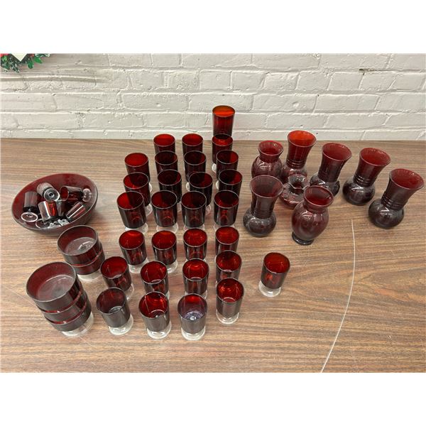 Large Assortment of Vintage MCM Ruby Red Service ware Cups, Shot Glasses, Vases, etc