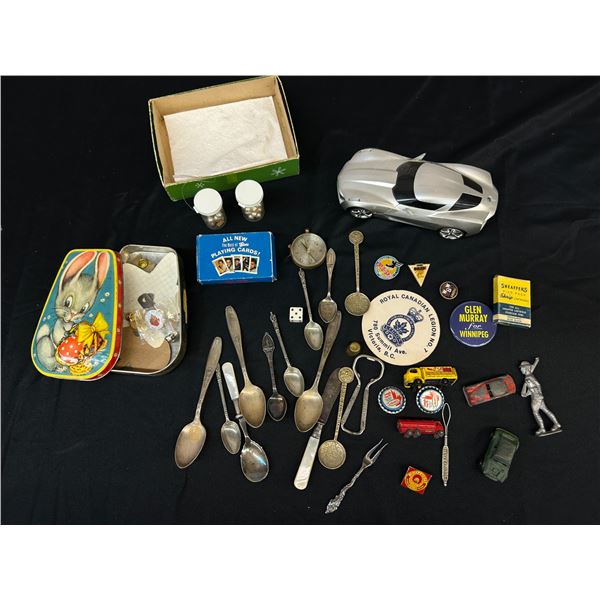 Junk Drawer of Collectible Souvenir Travel Spoons, Pins, Toy Cars, Etc